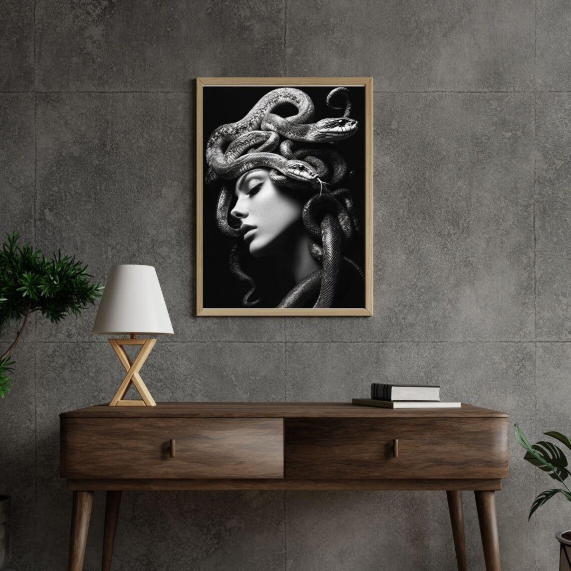 Medusa Side Profile Black And White Serpent Hair Mythology Art Poster - Image 2