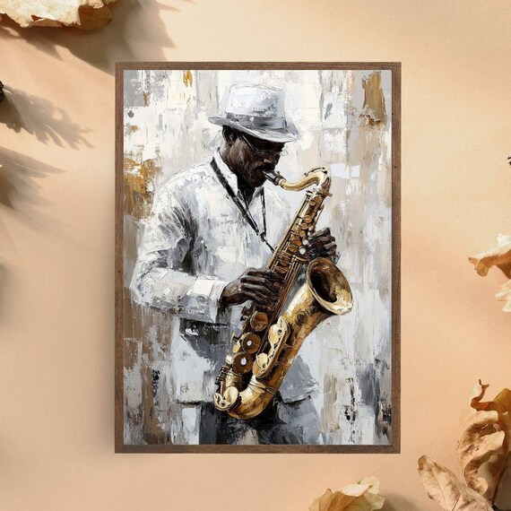 Jazz Saxophonist Elegant Musician Golden Saxophone Vintage Painting Poster