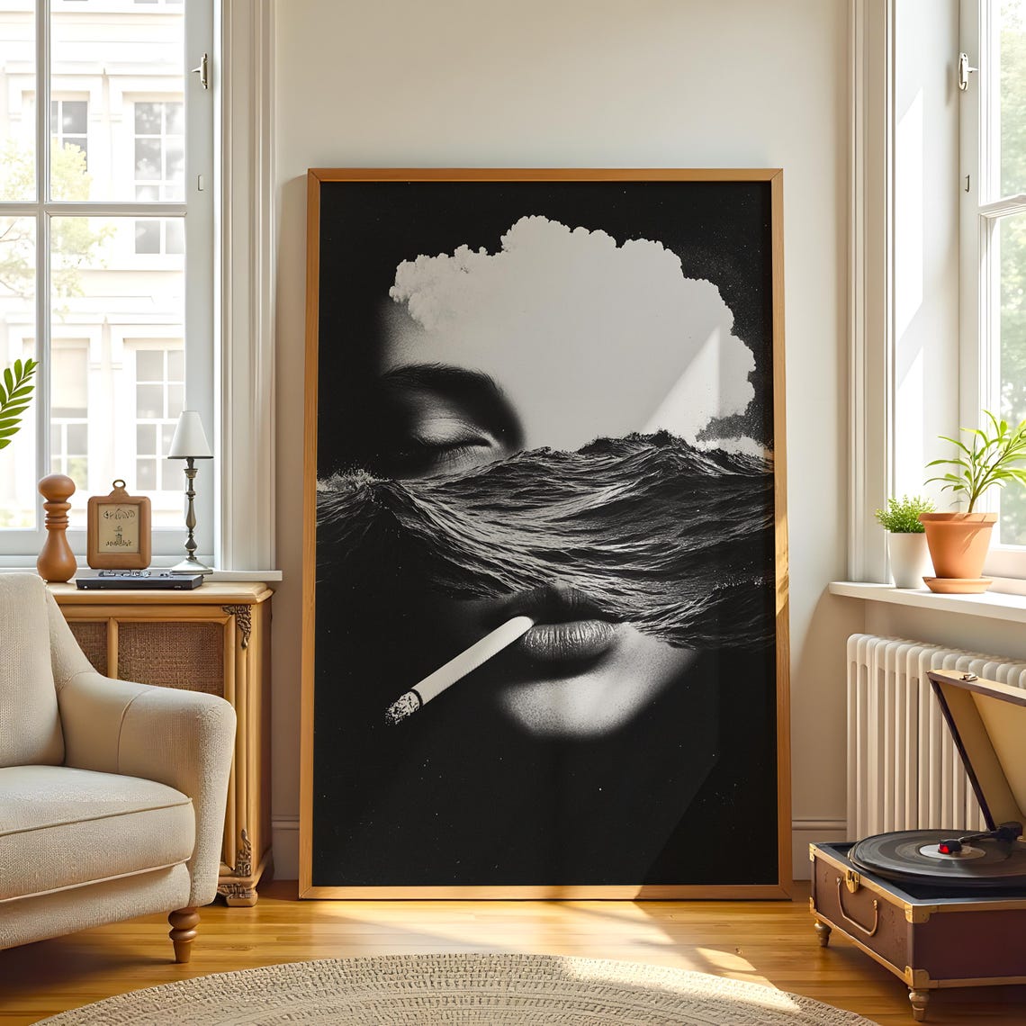 Surreal Ocean Wave Woman Face Black White Abstract Art Poster - Image 3