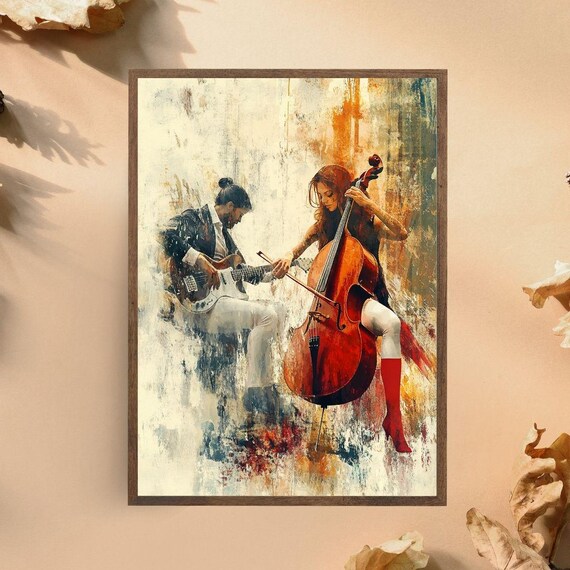 Guitarist And Cellist Duo Vibrant Musical Performance Painting Music Poster