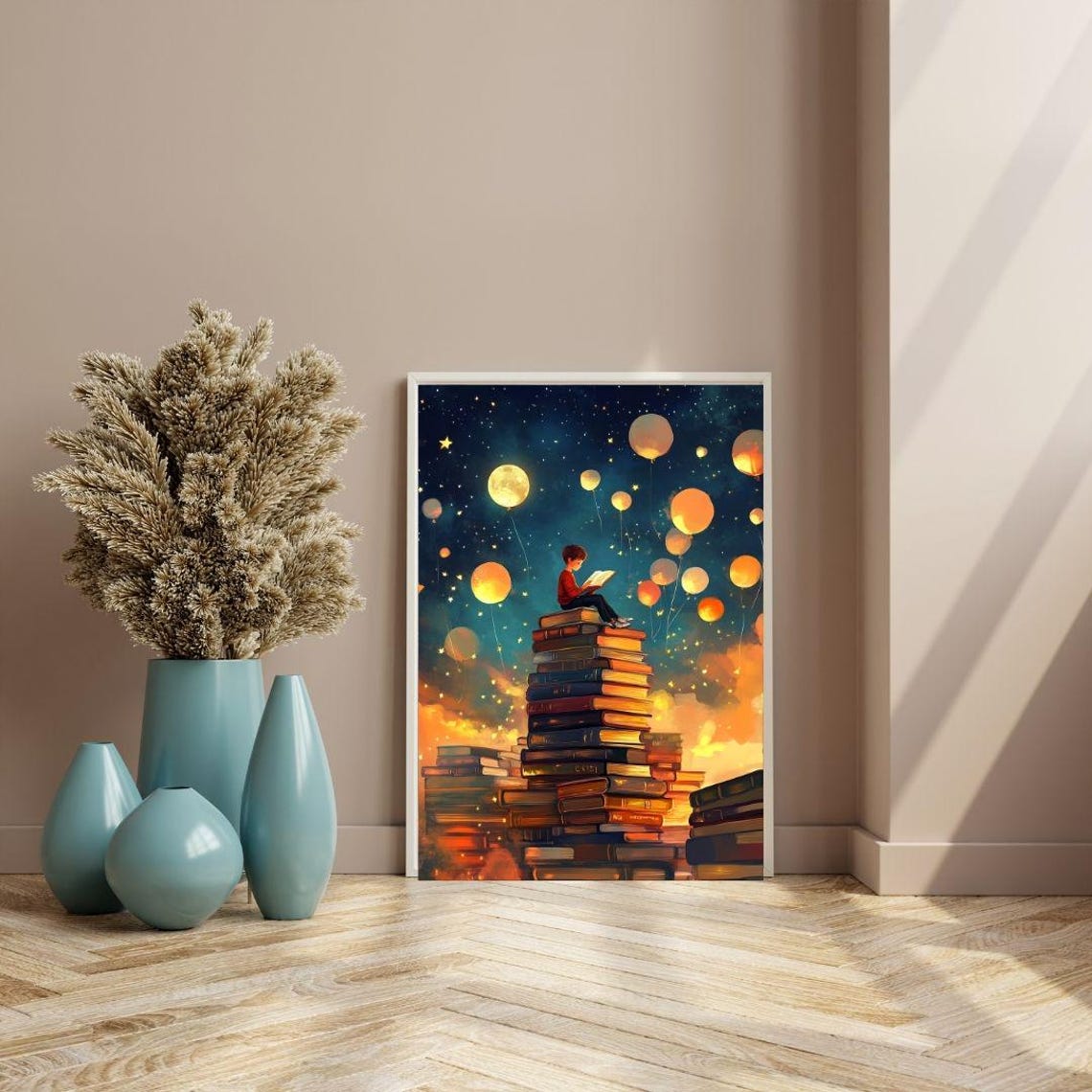 Boy Reading On Book Tower Starry Night Balloon Fantasy Art Poster - Image 3