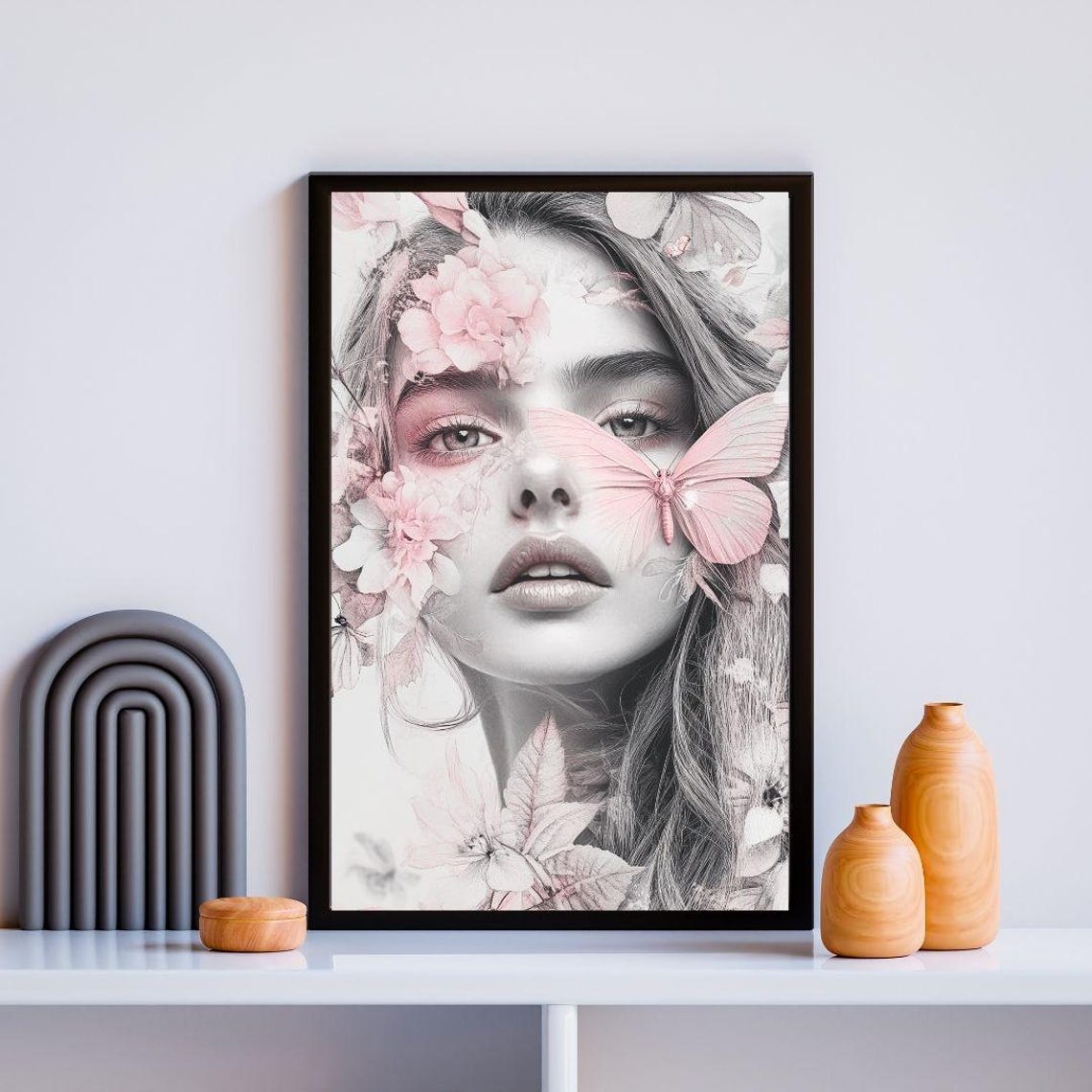 Dreamy Woman With Pink Butterfly And Flowers Surreal Portrait Poster - Image 2