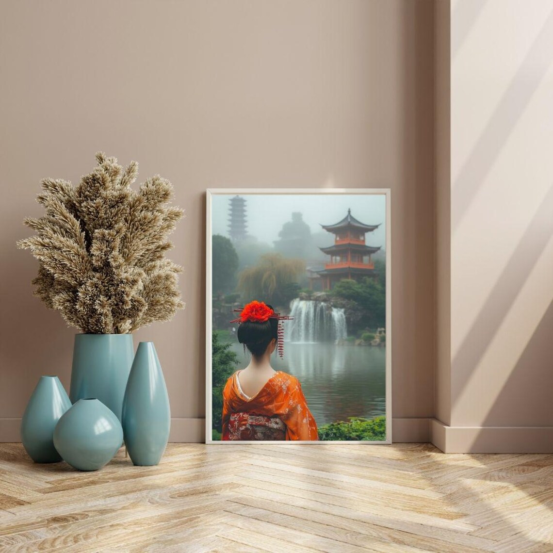 Geisha In Orange Kimono Japanese Pagoda Garden Waterfall Serene Art Poster - Image 2