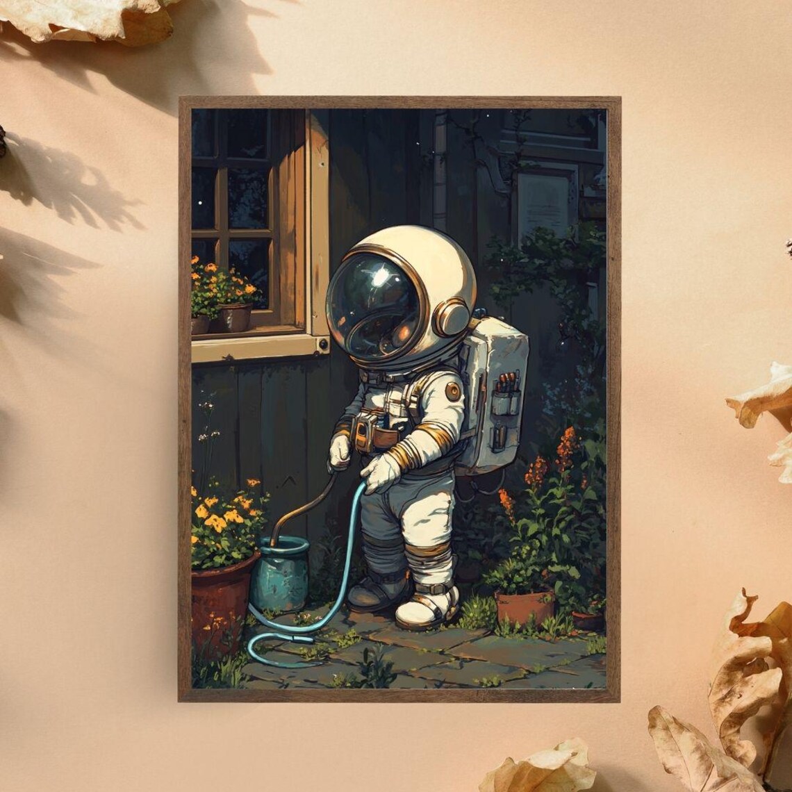 Whimsical Astronaut Watering Plants Print Cute Space Gardener Night Art Poster