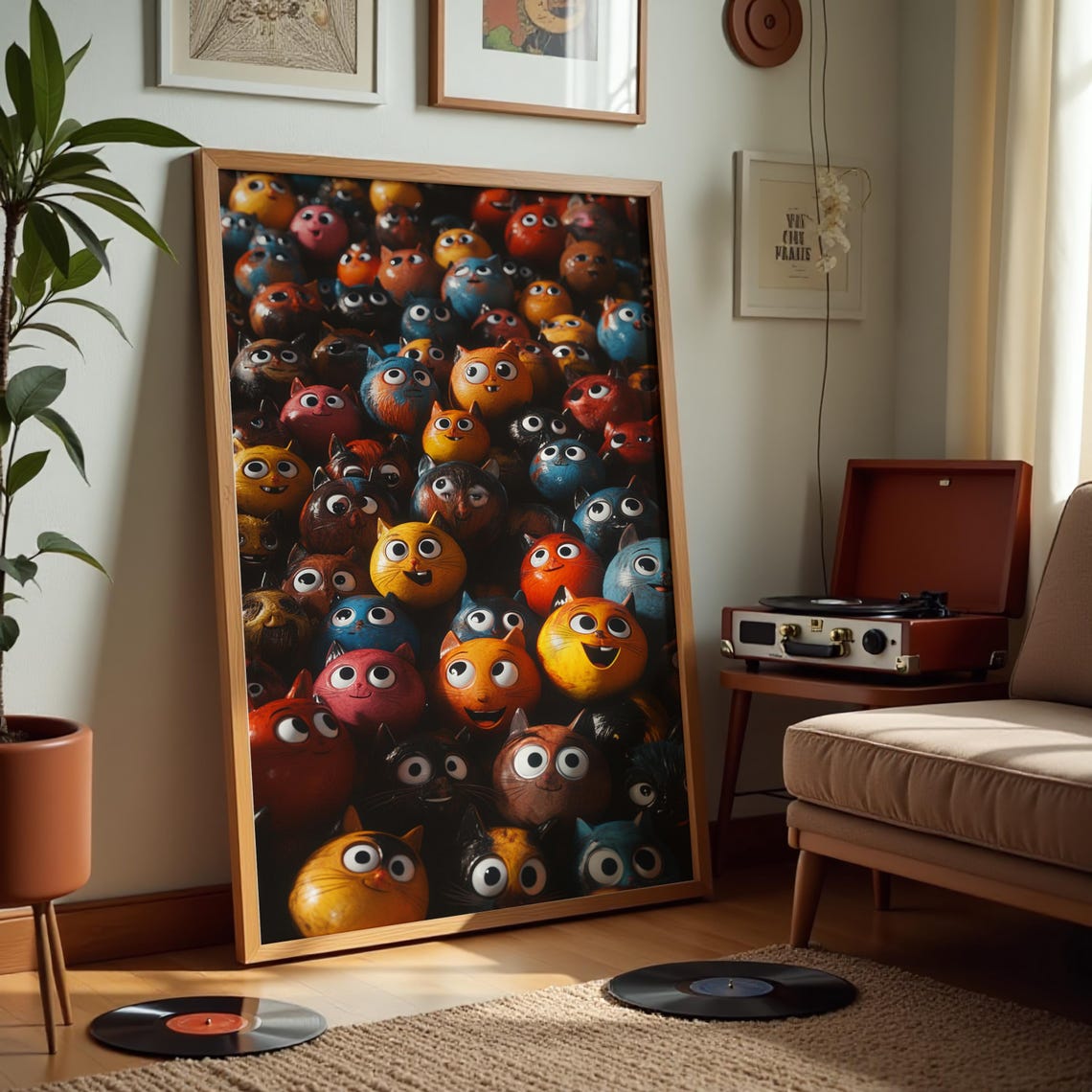 Colorful Round Cat Heads Crowd Cute Kitten Whimsical Art Poster