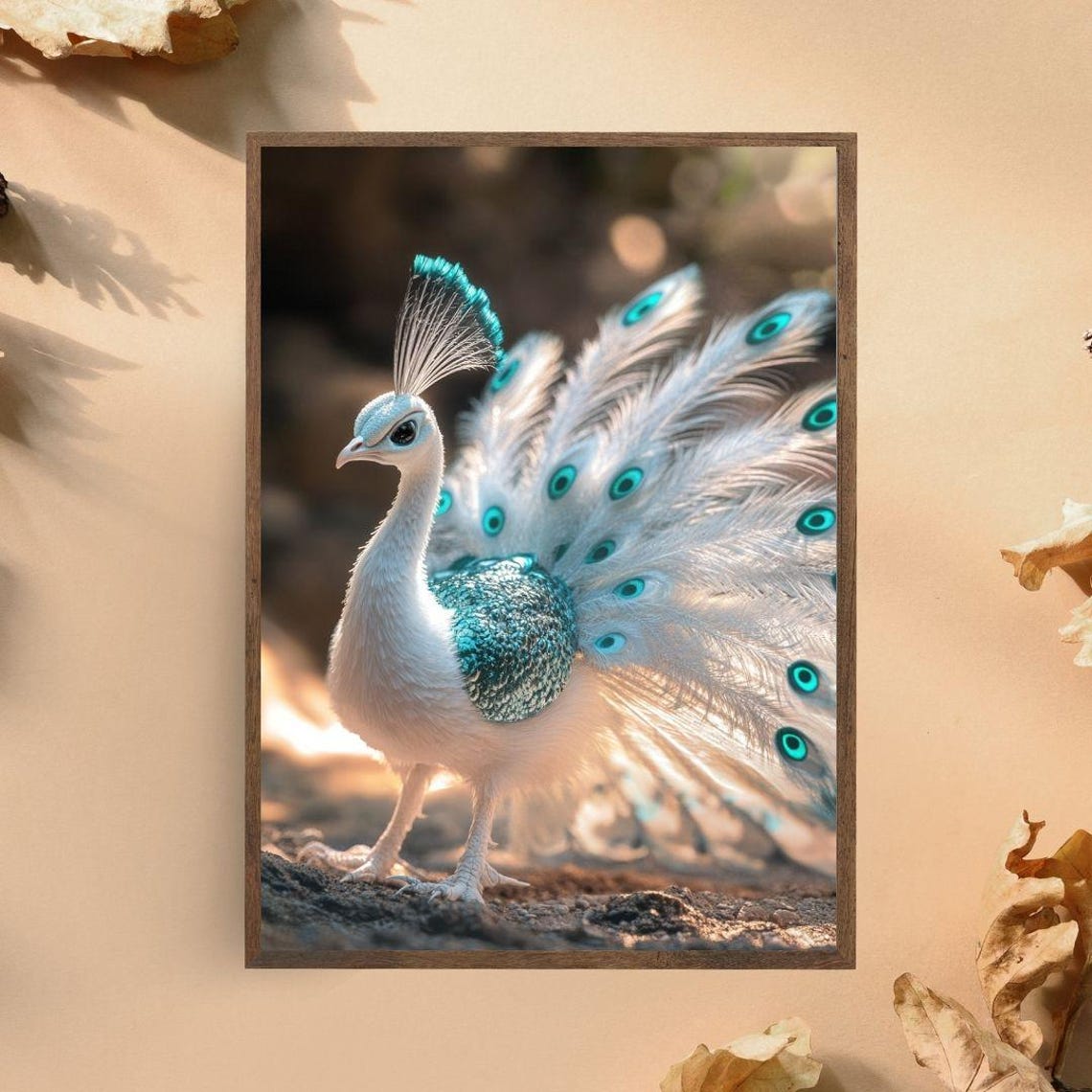 White Peacock Turquoise Feathers Elegant Bird Photography Art Poster