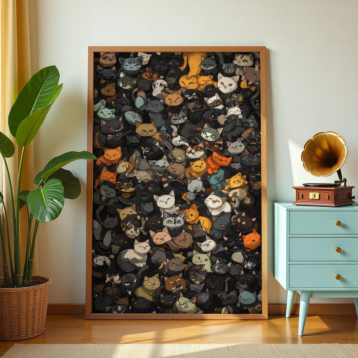 Whimsical Illustrated Cat Crowd Colorful Feline Faces Fun Wall Poster - Image 3