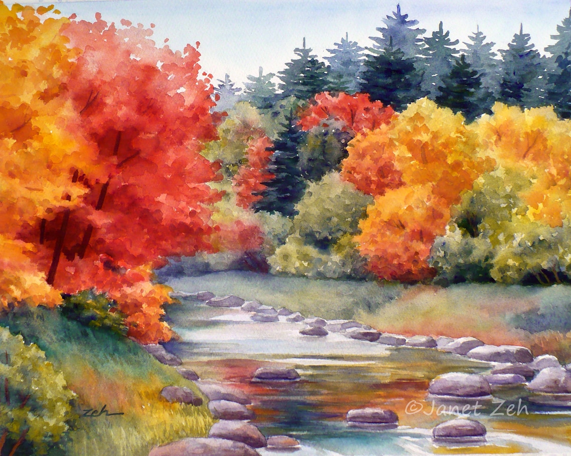 New England Autumn Watercolor Landscape Art Print