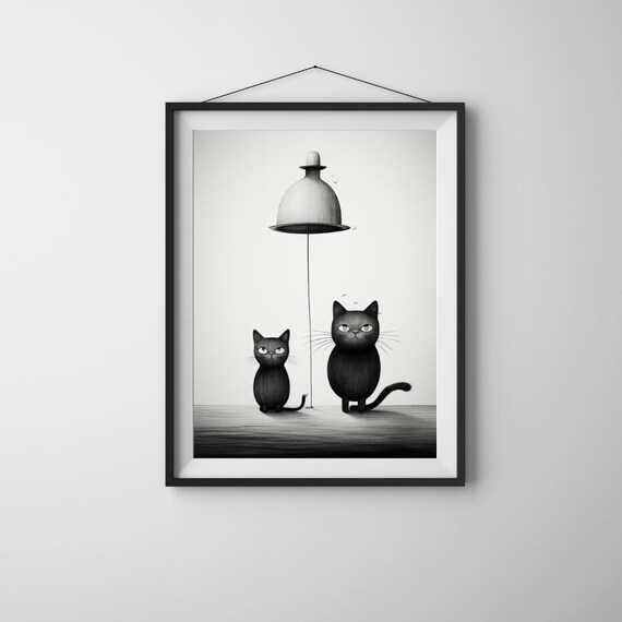 Surreal Black Cats Floating Lampshade Balloon Whimsical Minimalist Art Poster