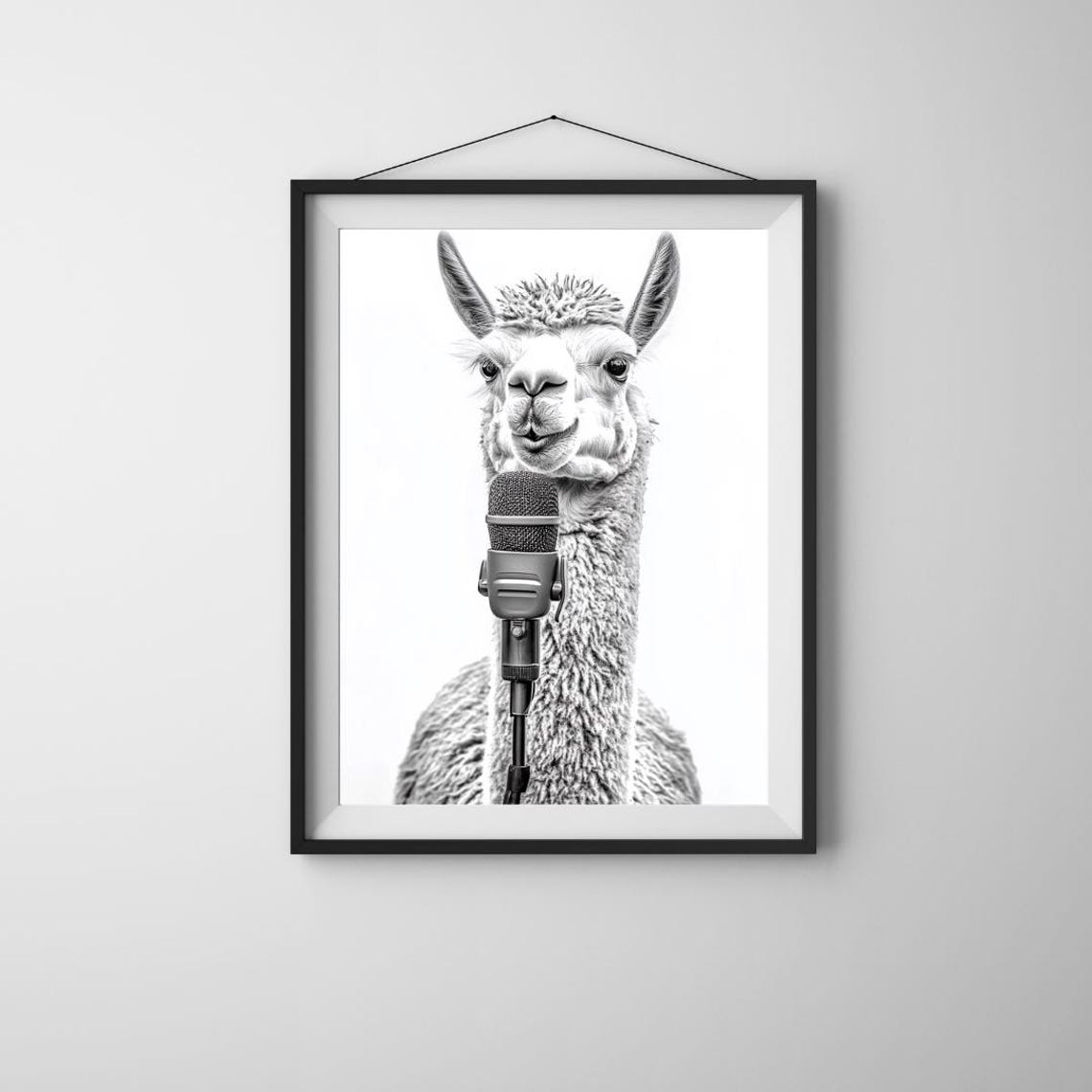 Singing Llama With Vintage Microphone Monochrome Funny Animal Poster