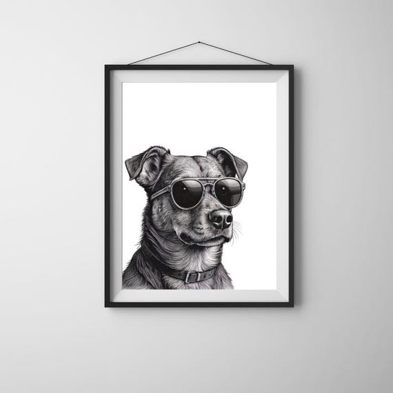 Sunglasses Dog Cool Wall Art Funny Ai Portrait Poster Black White Stylish Pet Illustration Instant Print