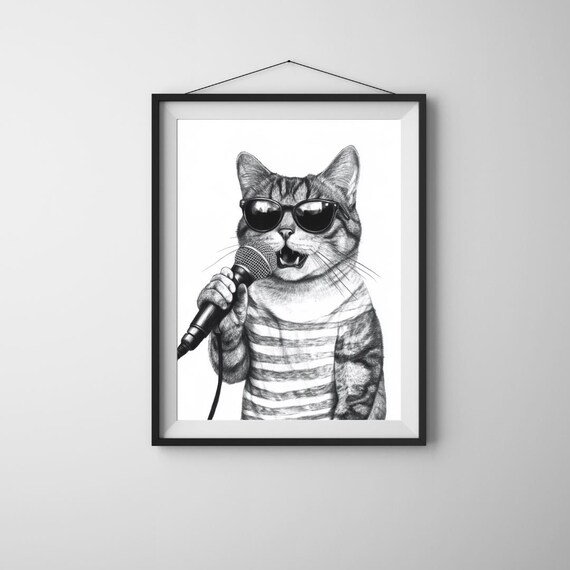 Rockstar Tabby Cat Sunglasses Microphone Black White Music Fun Poster