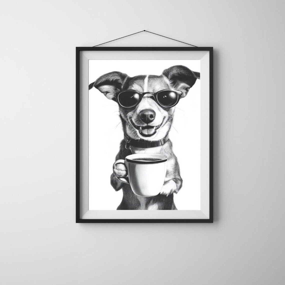 Smiling Dog With Sunglasses Holding Coffee Mug Funny Kitchen Poster