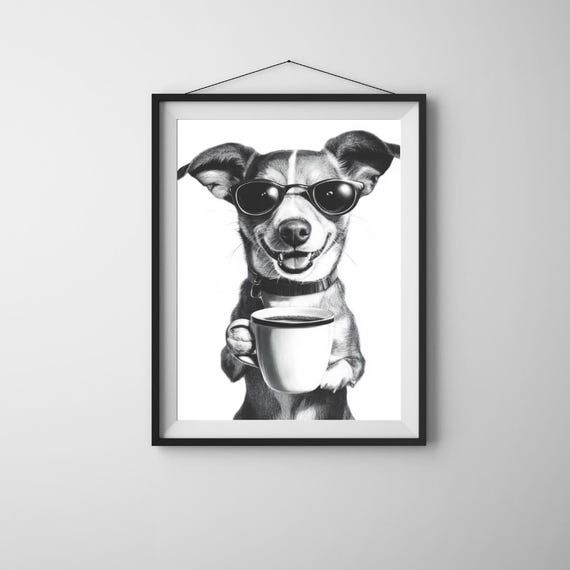 Coffee Dog Art Print Funny Kitchen Decor