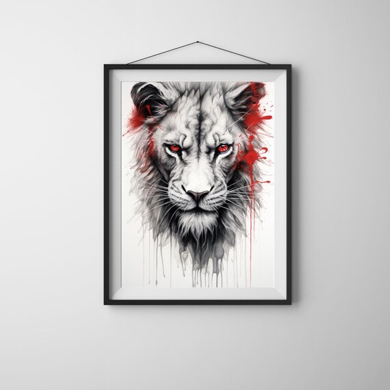 Fierce Lion Watercolor Portrait Red Eyes Majestic Fury