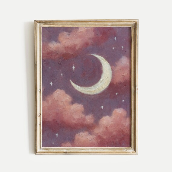 Moon Star Night Sky Oil Painting Print Vintage Wall Art Home And Office Living Room Bedroom Nursery Decor