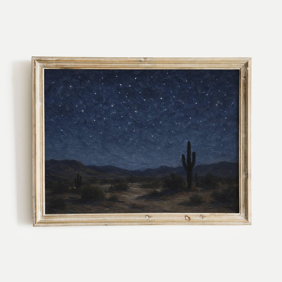 Starry Desert Night Sky With Saguaro Cactus Moody Oil Painting Poster