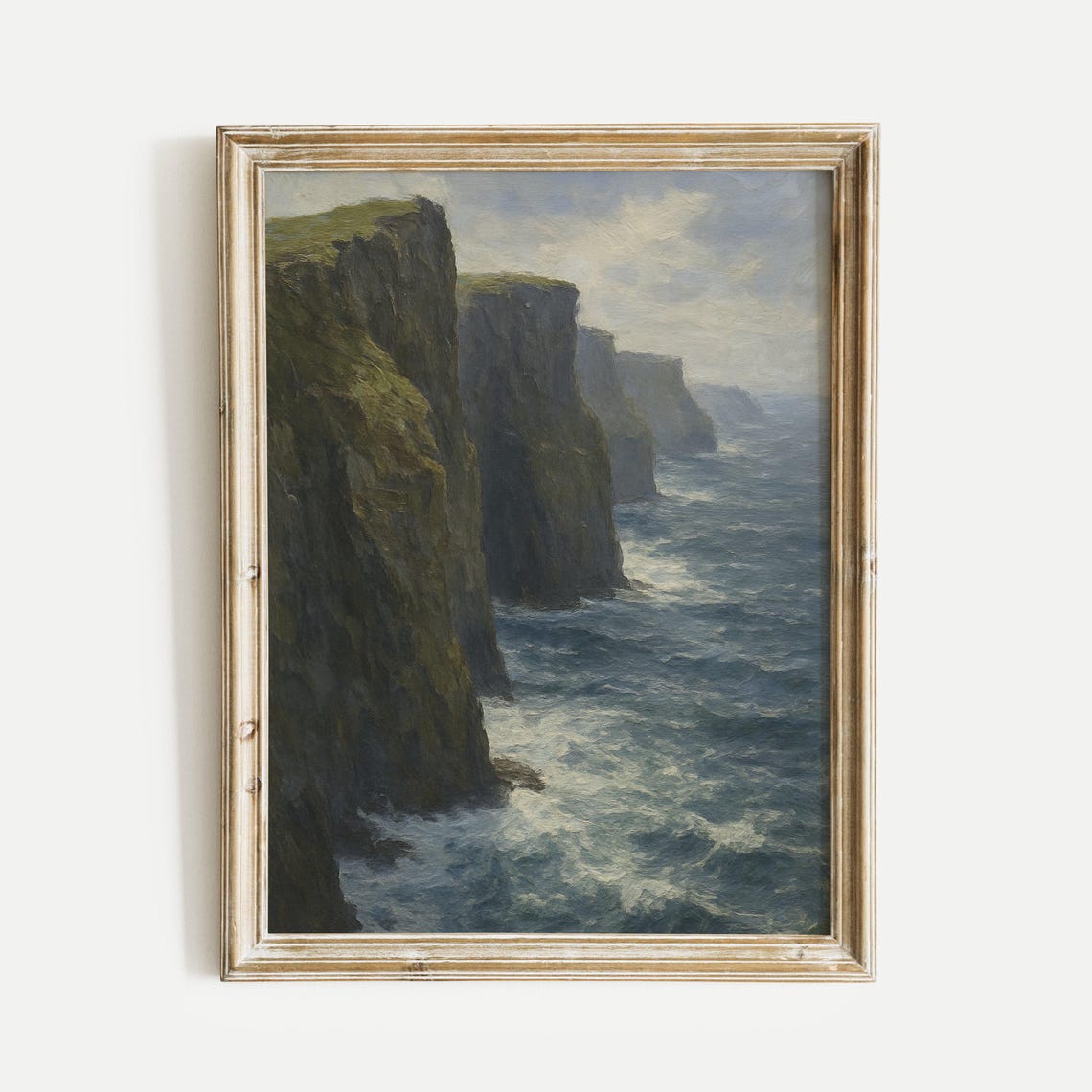Moody Dramatic Ocean Cliffs Crashing Waves Oil Painting Poster
