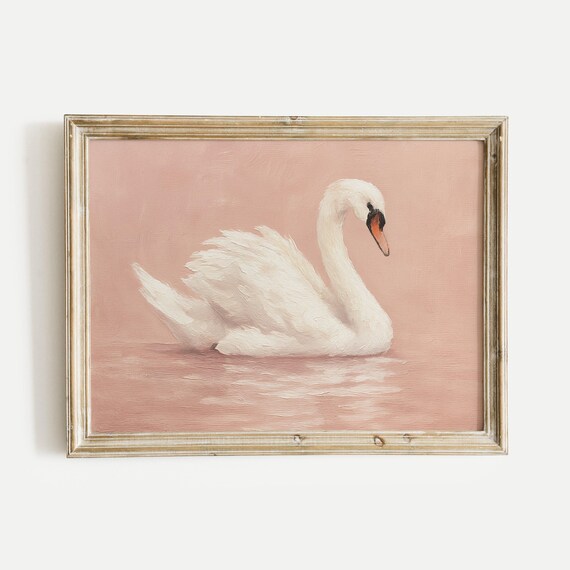 Elegant White Swan Pink Blush Vintage Oil Painting Style Poster