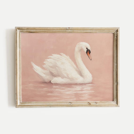 White Swan Pink Oil Painting Print Vintage Wall Art Home And Office Living Room Bedroom Nursery Decor