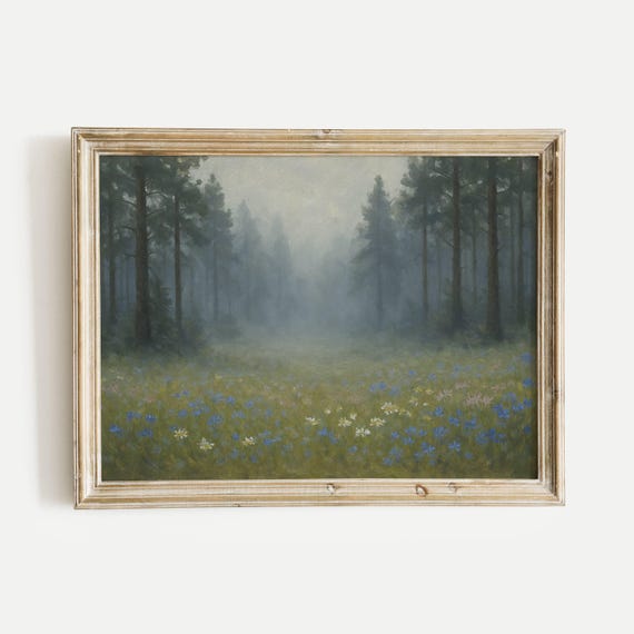 Forest With Wildflowers And Pines Oil Painting Print Vintage Nature Wall Art Home Office Living Room Bedroom Decor