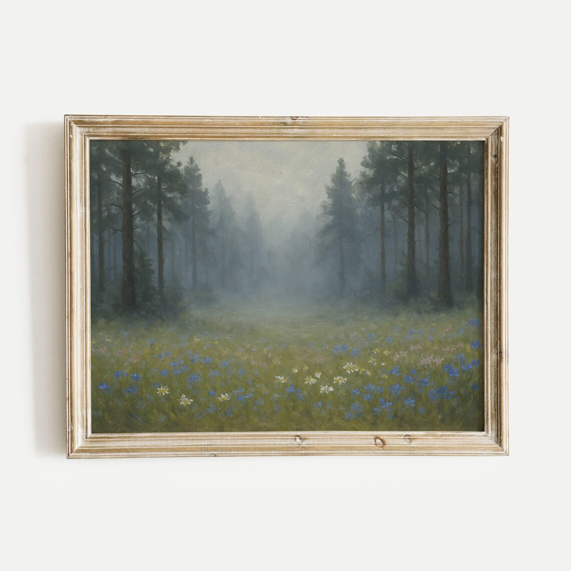 Misty Pine Forest Meadow With Blue Wildflowers Vintage Oil Poster