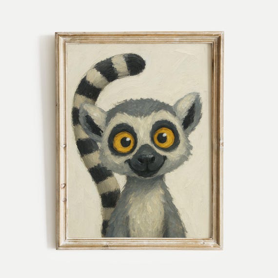 Lemur Oil Painting Poster African Animal Wall Art Print Vintage Safari Wildlife Gallery Nursery Decor
