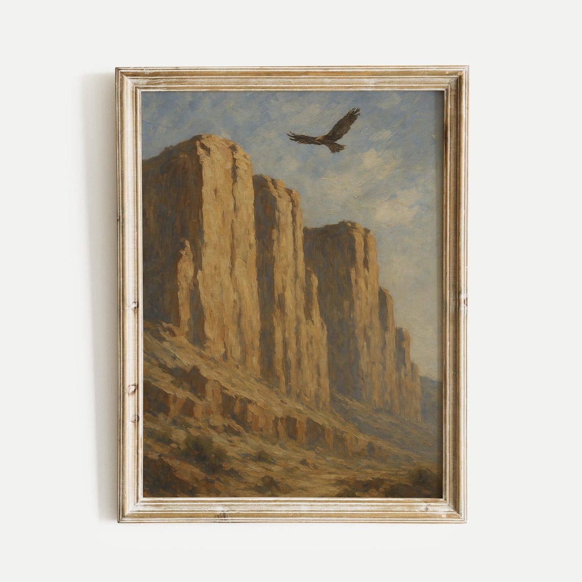 Soaring Hawk Over Desert Cliffs Vintage Nature Oil Painting Poster