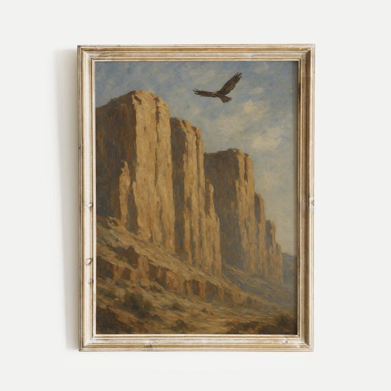 Desert Cliffs With Hawk Oil Painting Print Nature Vintage Wall Art Home And Office Living Room Bedroom Decor