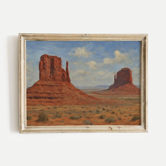 Desert With Towering Red Sandstone Oil Painting Print Vintage Nature Wall Art Home Office Living Room Bedroom Decor