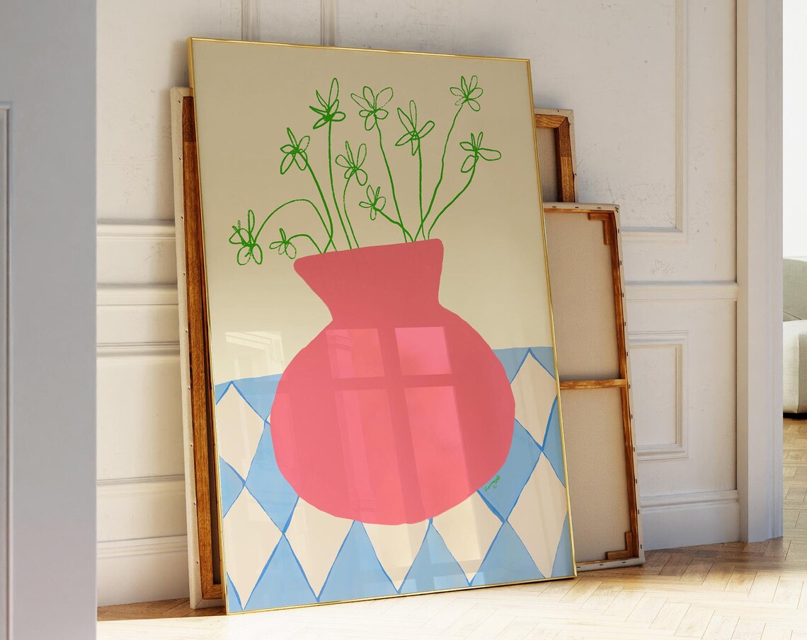 Retro Floral Vase, Boho Botanical Wall Art Print