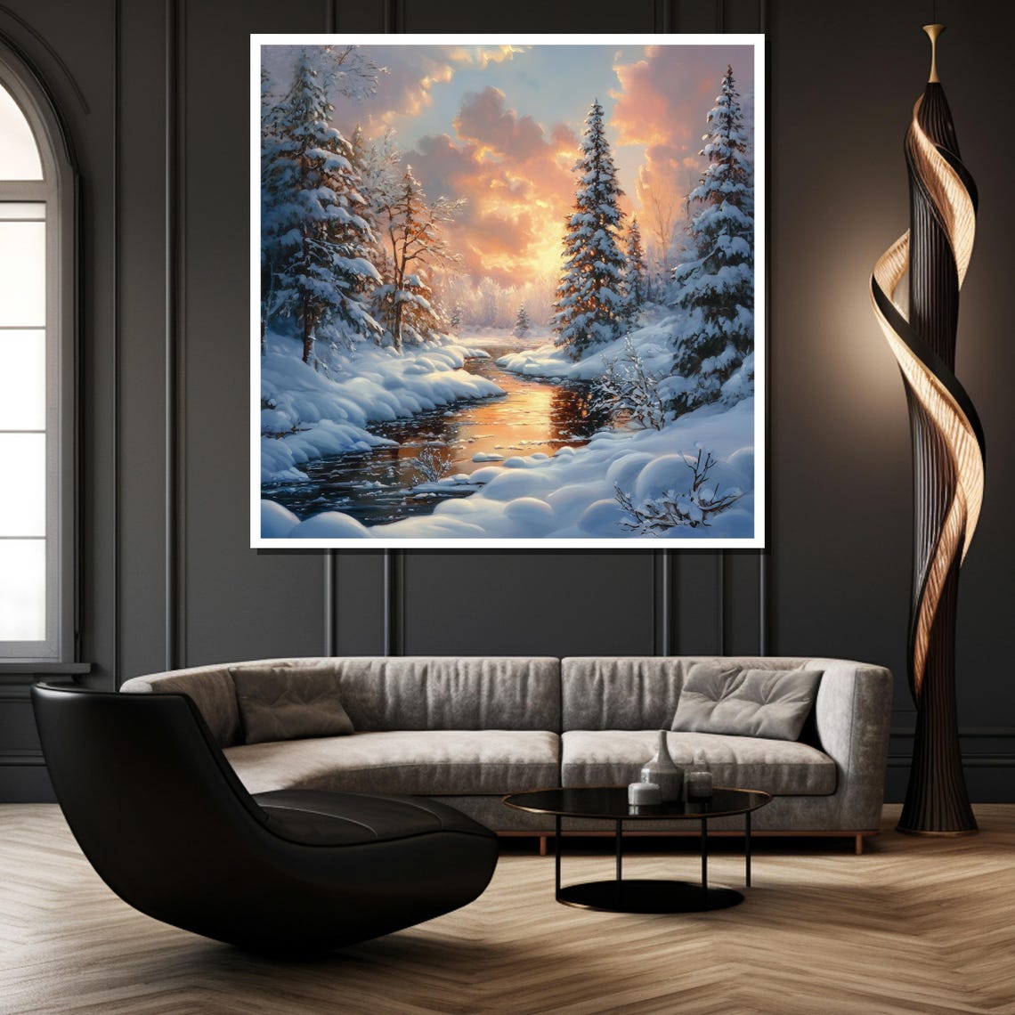 Snowy Winter Forest Stream Rosy Sunset Wonderland Art Poster - Image 2