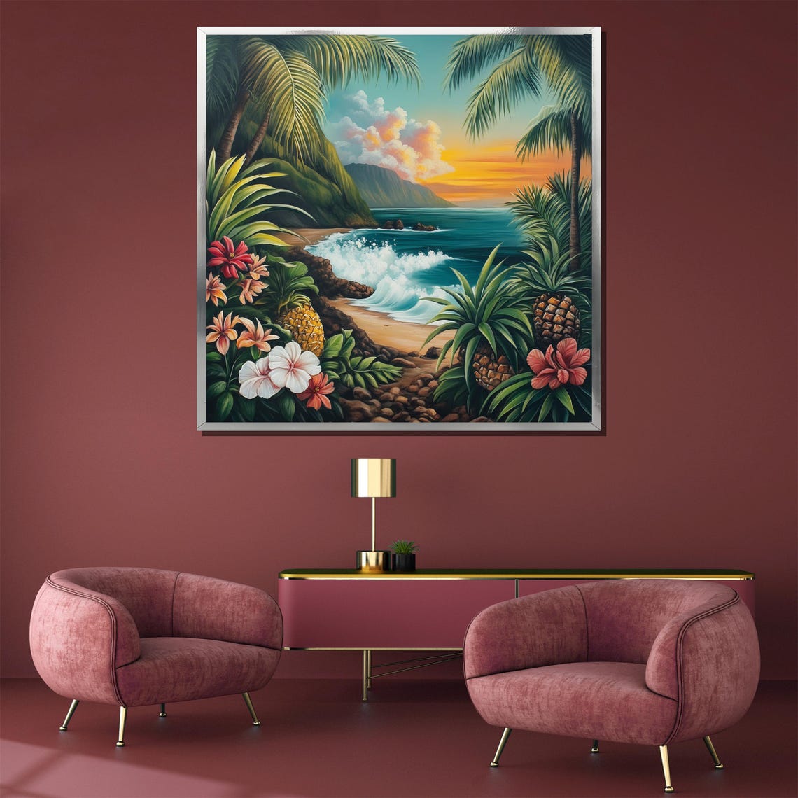 Hawaiian Sunset Palms Pineapples Hibiscus Beach Tropical Poster - Image 3
