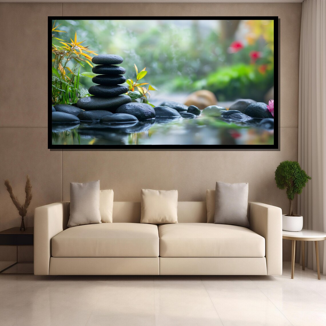 Stacked Dark Zen Stones by the Water in a Lush Garden Poster - Image 4