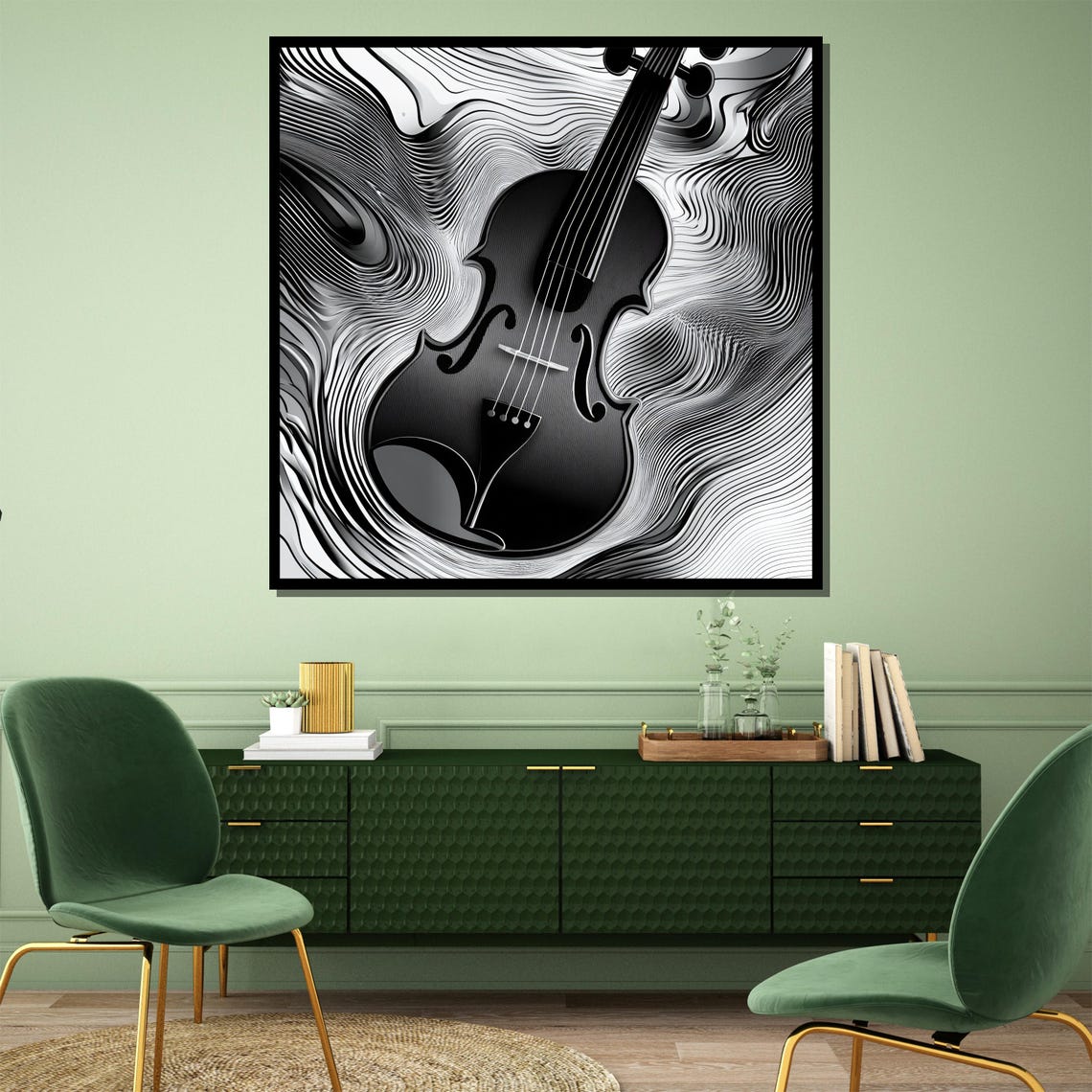 Abstract Black and White Violin Painting in Swirling Lines Poster - Image 4