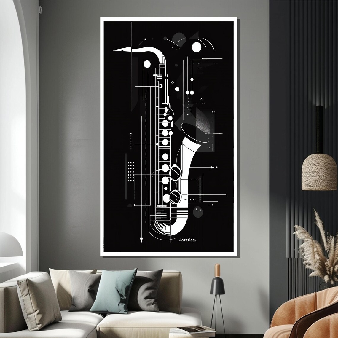 Modern Black and White Abstract Saxophone Jazz Line Art Poster - Image 2