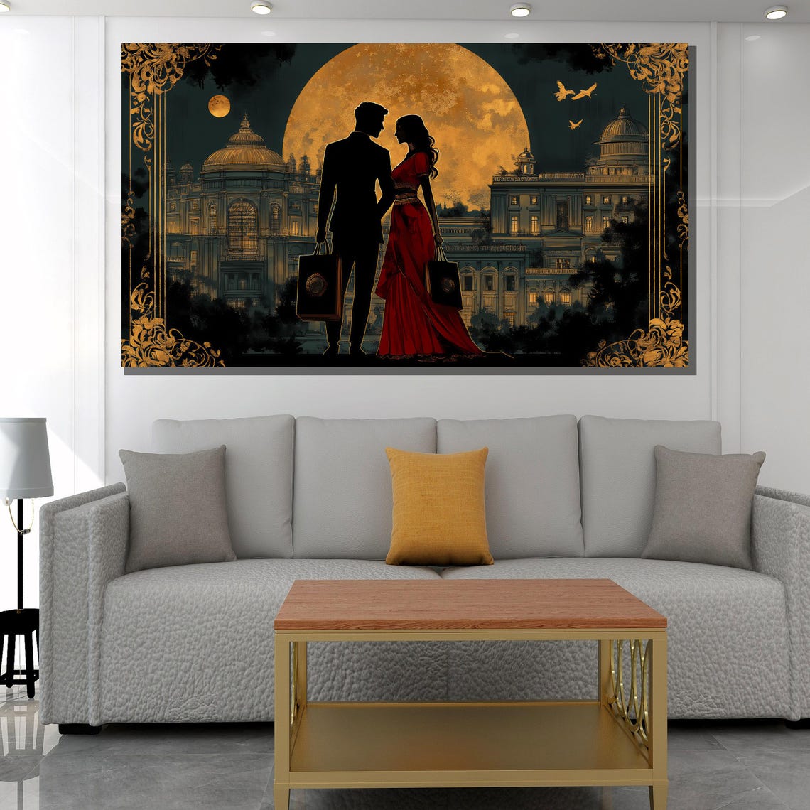 Moonlit Palace Courtyard Couple Silhouette Romance Painting Poster - Image 3