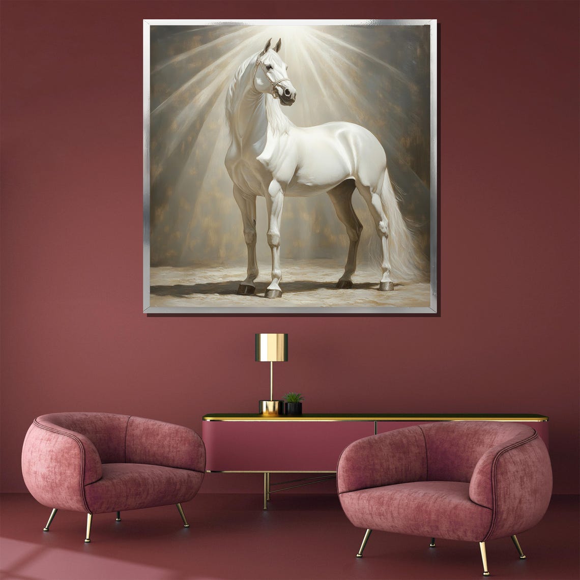 White Horse Standing Under Dramatic Golden Light Rays Poster - Image 3