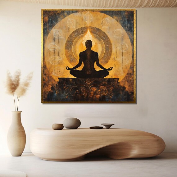 Dark Meditator Silhouette Before a Golden Flame Halo Art Poster