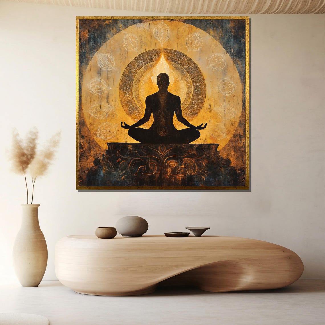 Dark Meditator Silhouette Before a Golden Flame Halo Art Poster