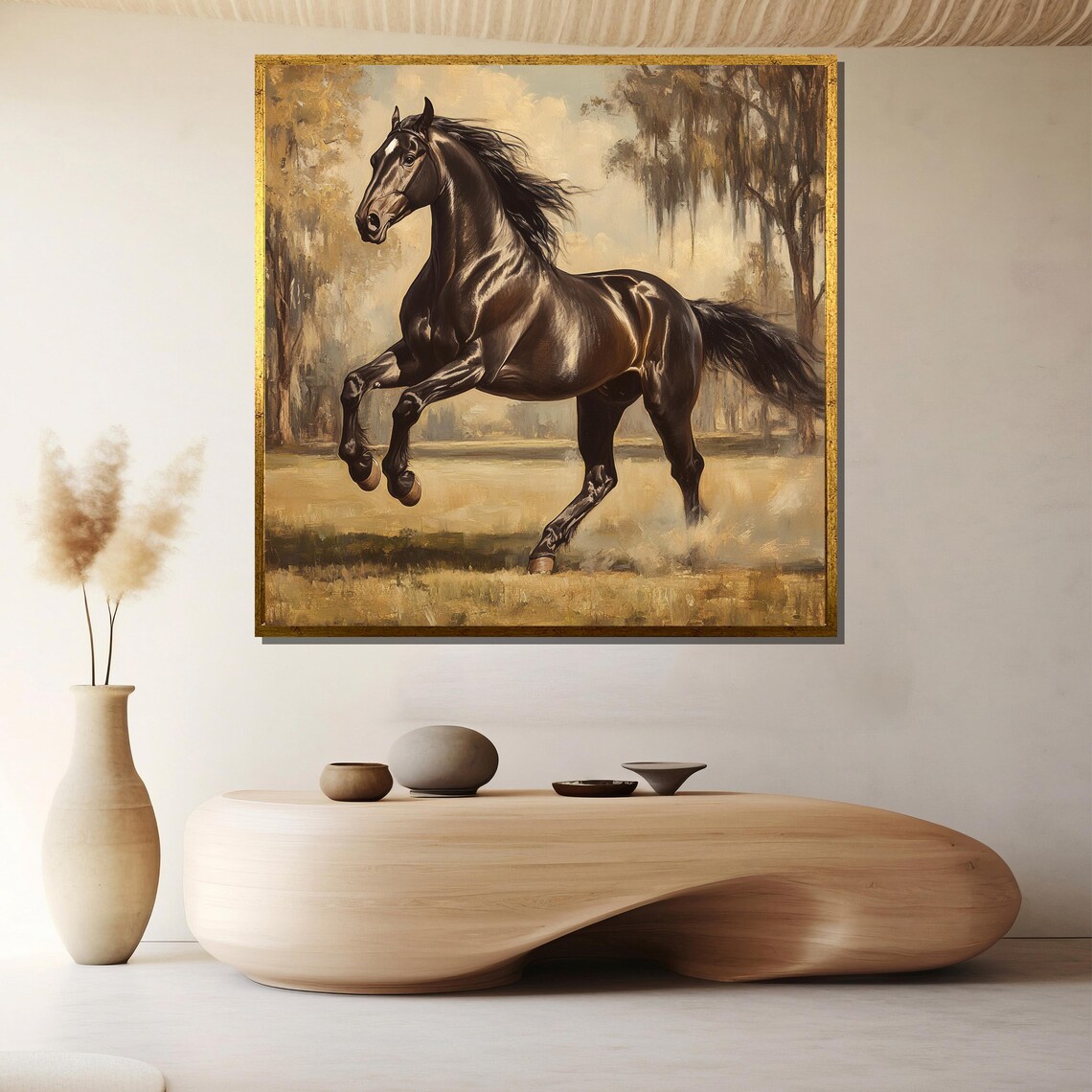 Black Horse Galloping Freely in a Golden Sunlit Field Poster