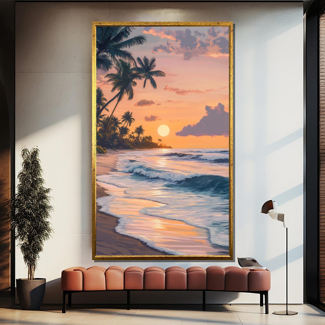 Serene Tropical Sunset Beach With Palm Trees Ocean Waves Poster