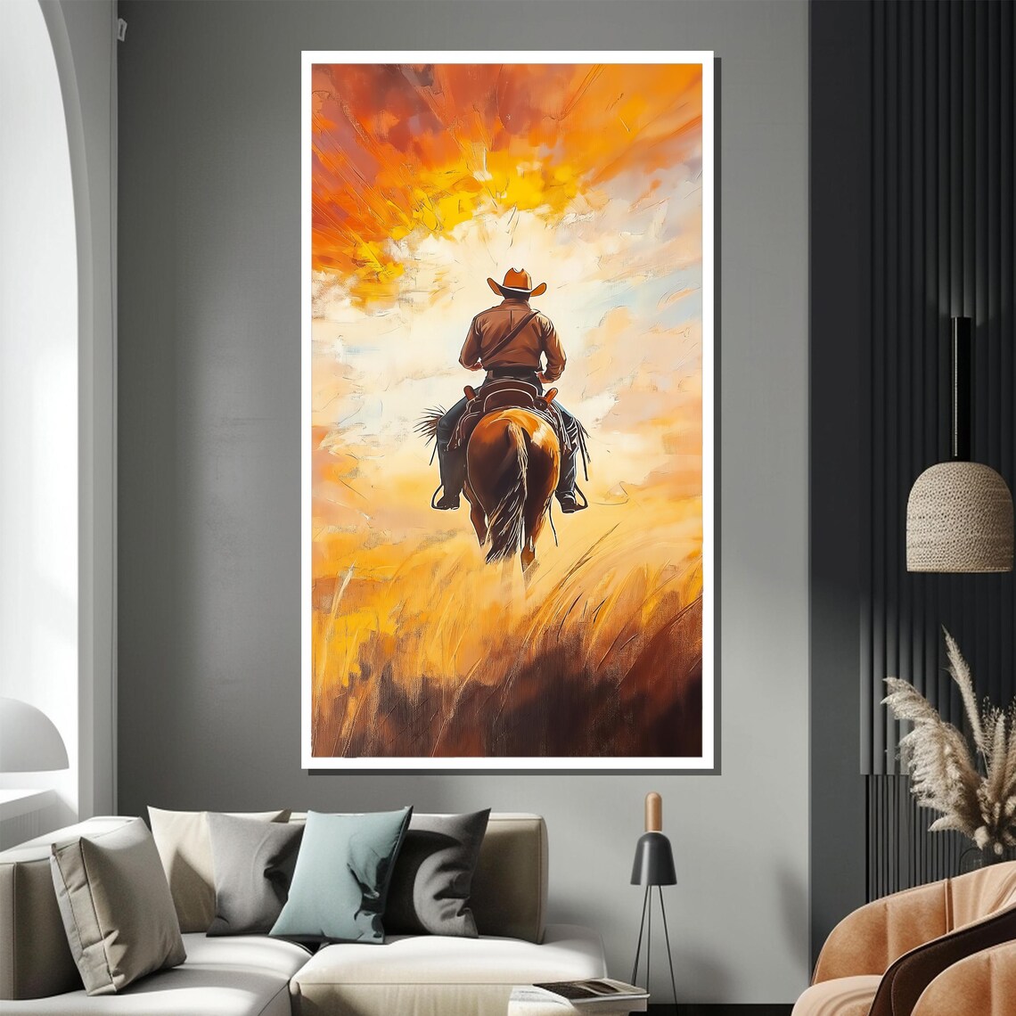 Cowboy Riding Into Sunset Horseback Golden Prairie Western Wall Poster - Image 3