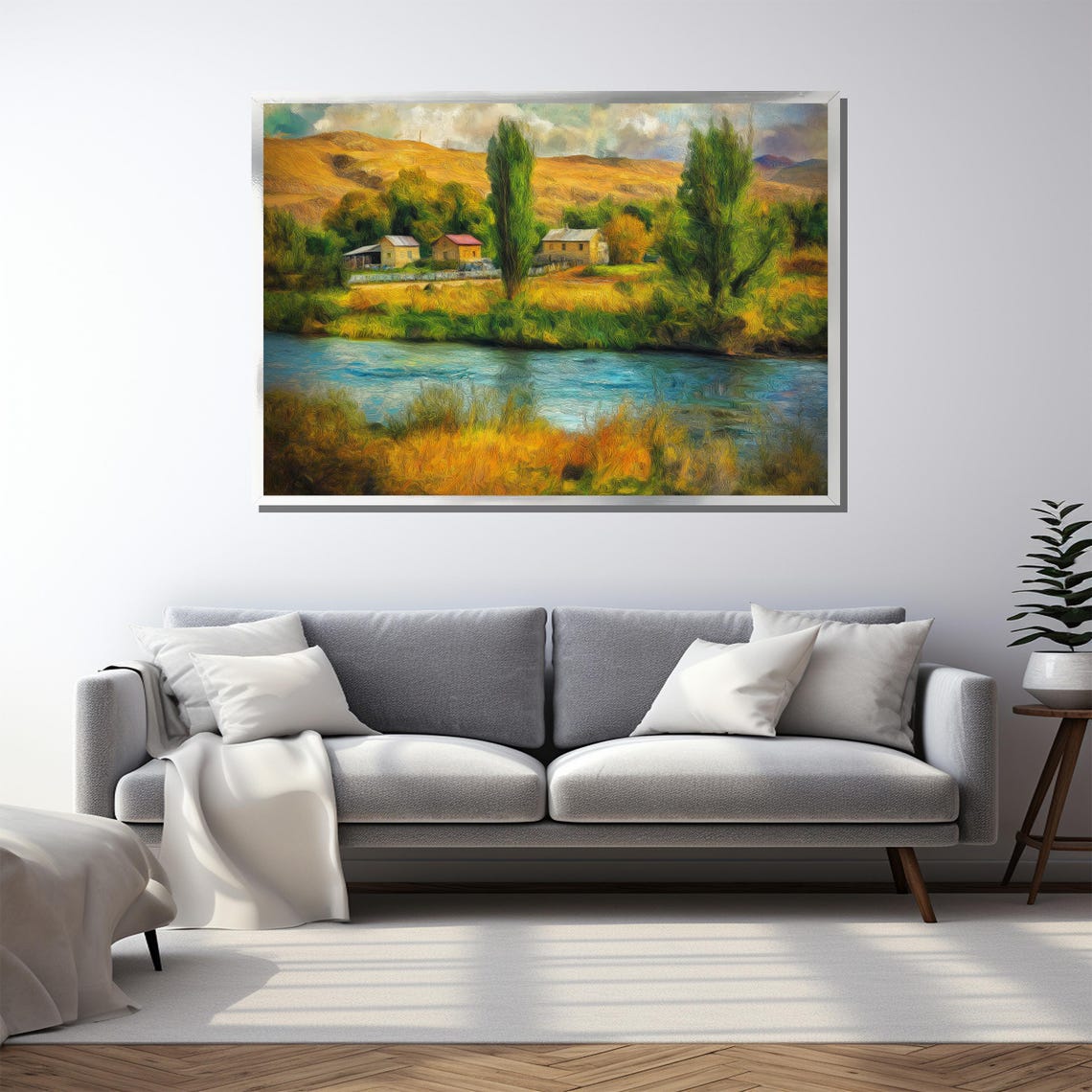 Countryside River With Cottages Impressionist Landscape Art Poster - Image 3