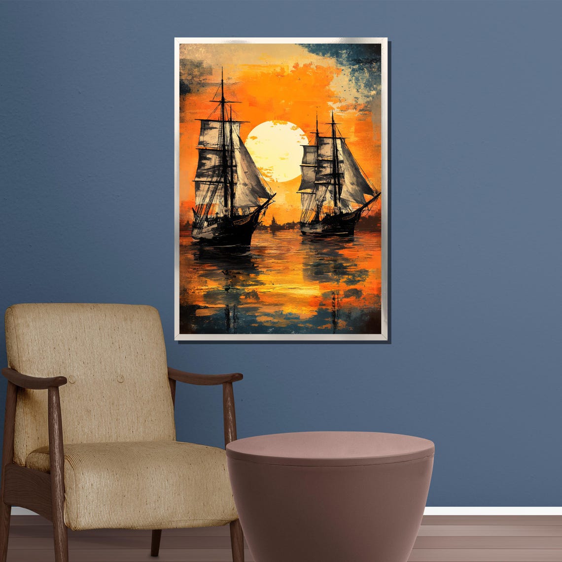 Tall Sailing Ships At Golden Sunset Ocean Nautical Art Poster - Image 3