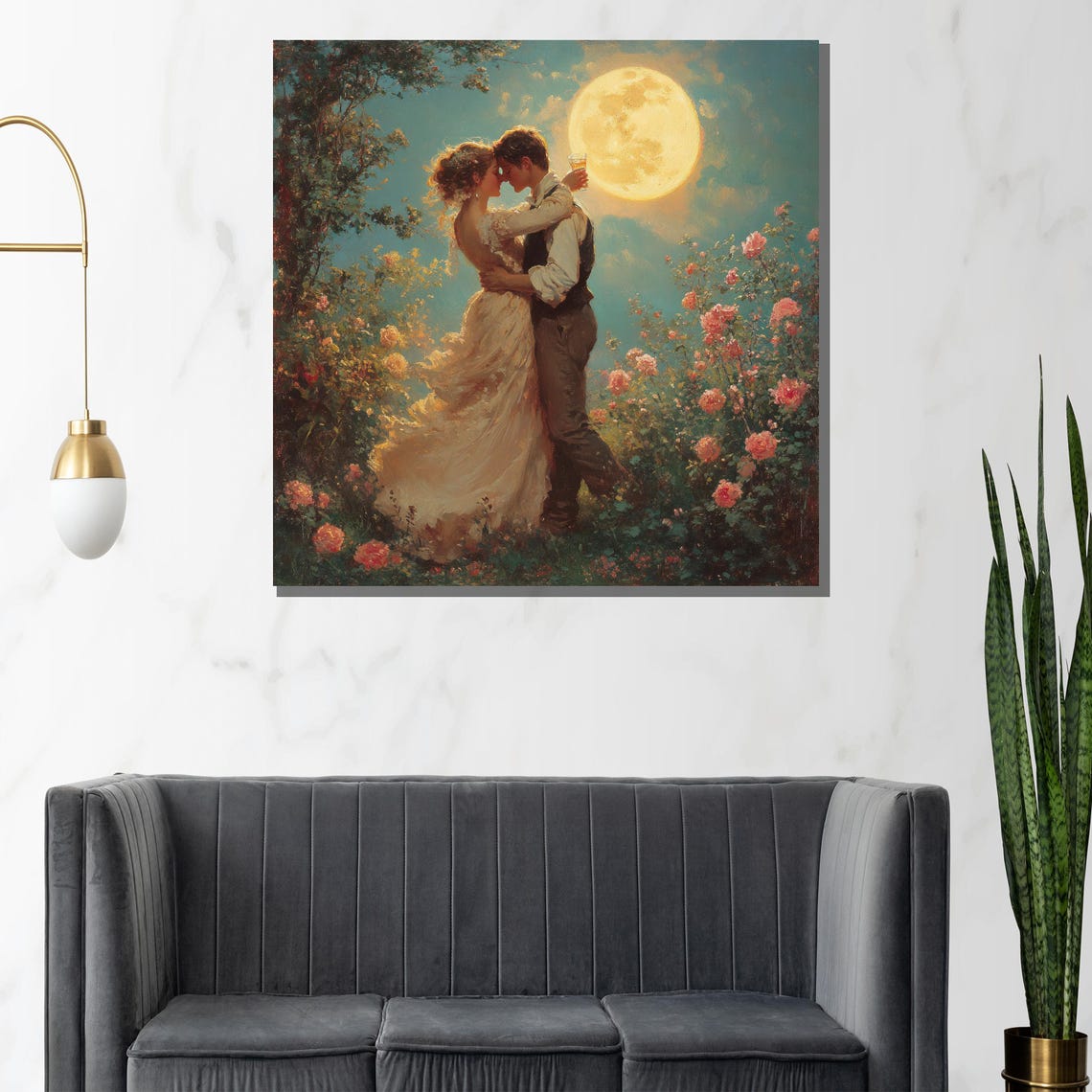 Romantic Couple Under Moonlight Blooming Floral Garden Art Poster - Image 2