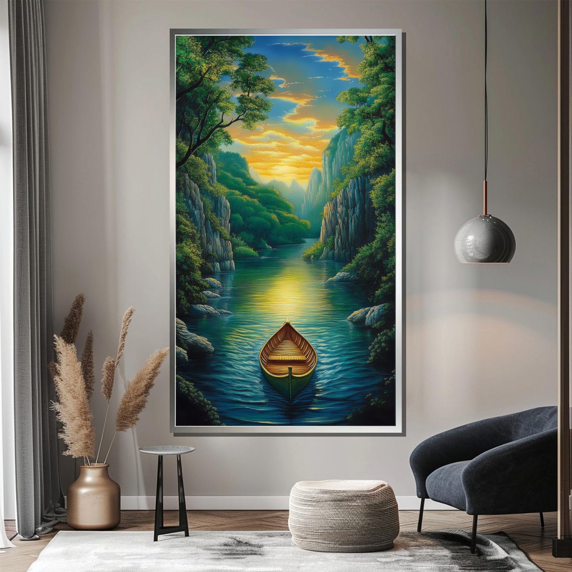 Sunlit River Valley Painting Wooden Boat And Forest Wall Art Vibrant Home Decor Gift Idea - Image 4