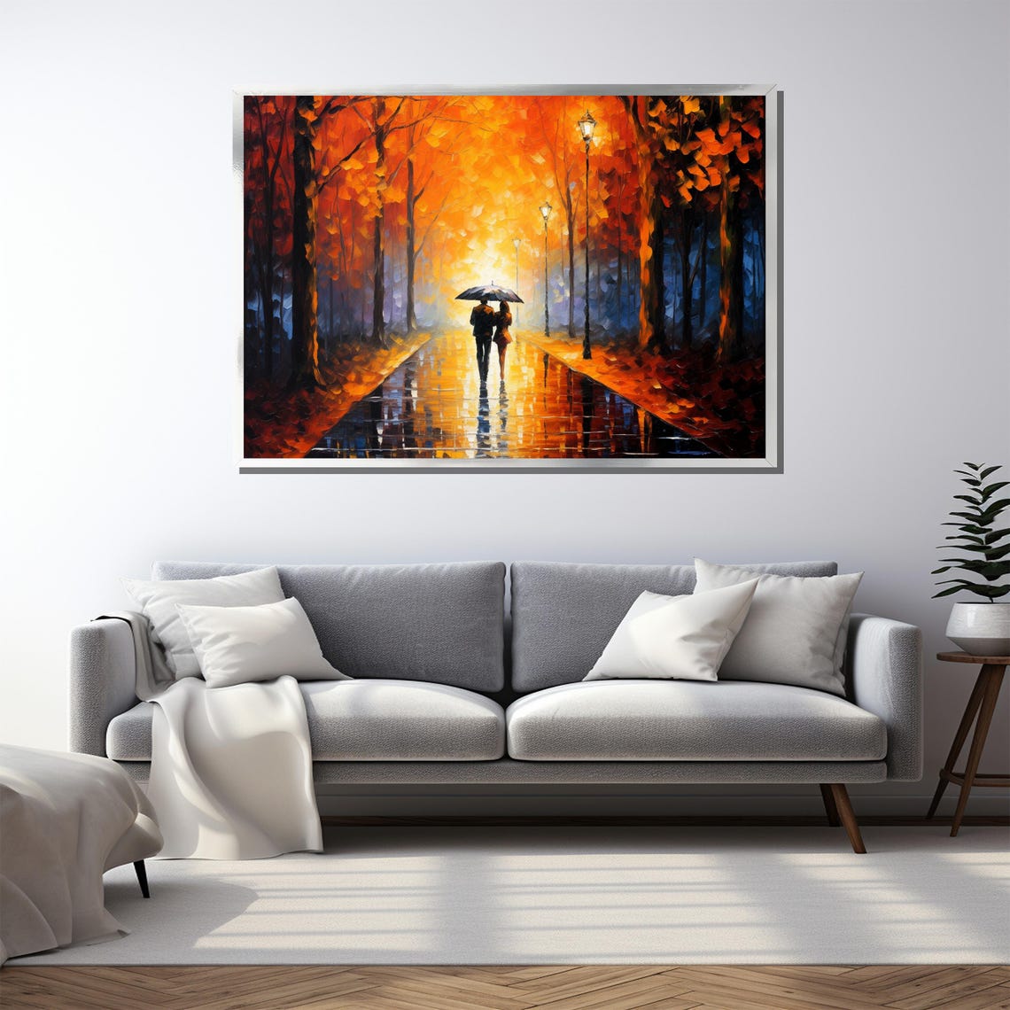 Romantic Couple Sharing Umbrella Autumn Rain Glowing Path Poster - Image 4