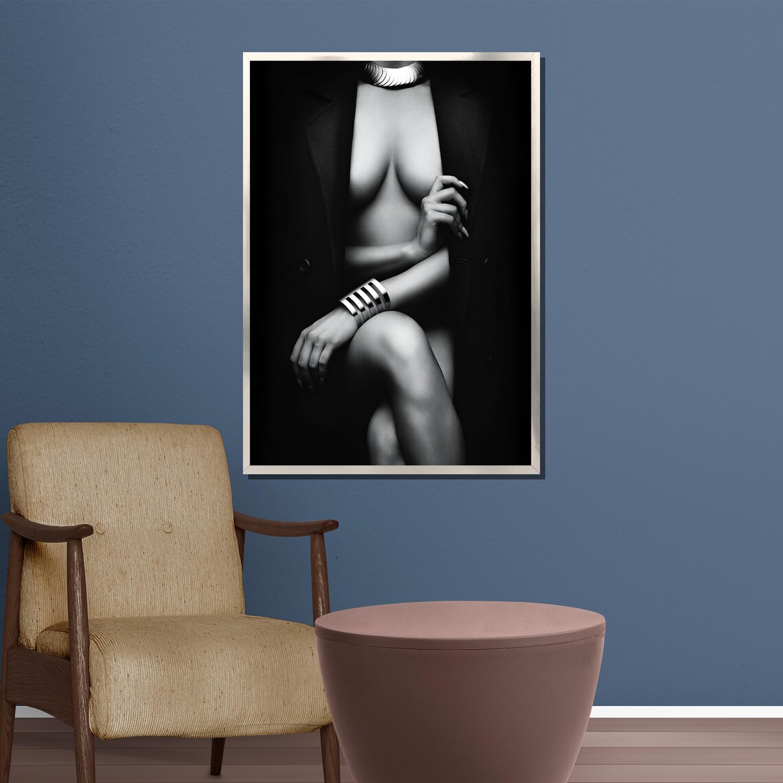 Elegant Black White Fine Art Nude Portrait In Open Coat Poster - Image 4
