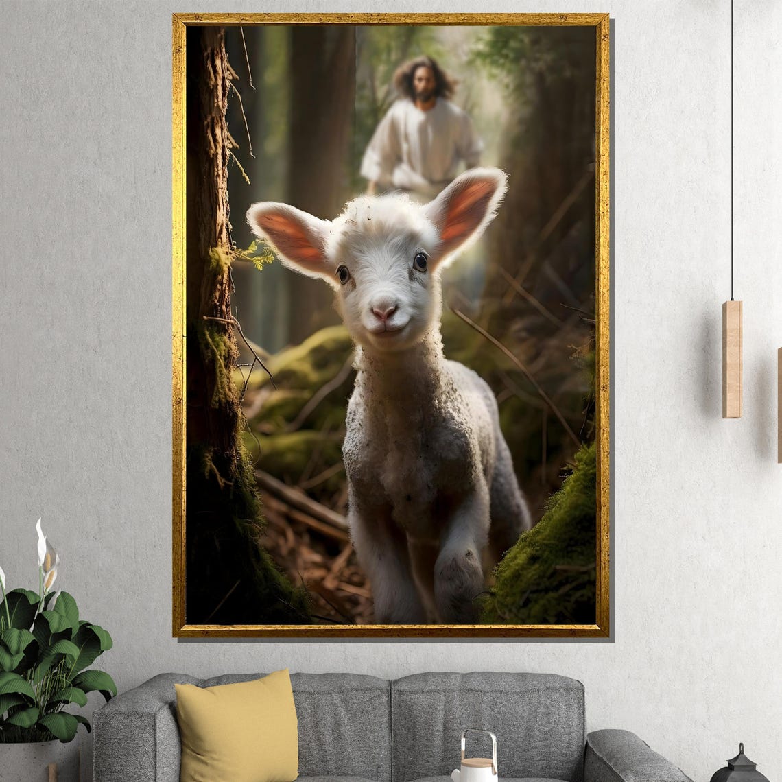 Lamb of God Gentle White Lamb in Forest with Jesus Behind Poster